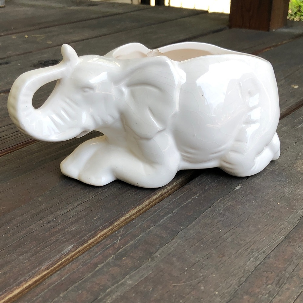 Vintage White Ceramic Elephant Planter Lucky Upraised Trunk Animal